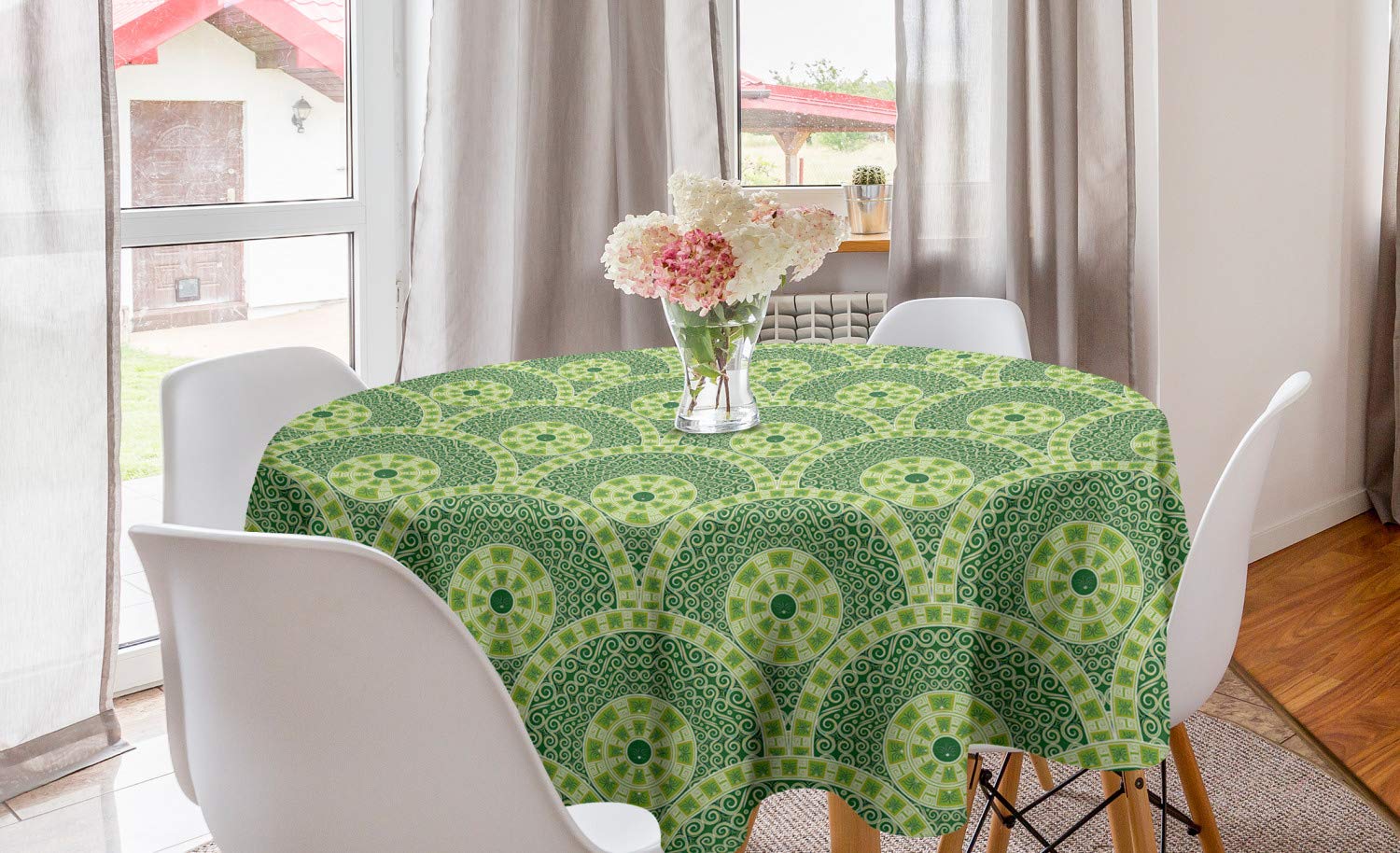 ABAKUHAUS Ethnic Round Tablecloth, Repetitive Overlapped Creative Antique Cultural Circle Ornaments, Circle Table Cloth Cover for Dining Room Kitchen Decoration, 60", Green Lime Green