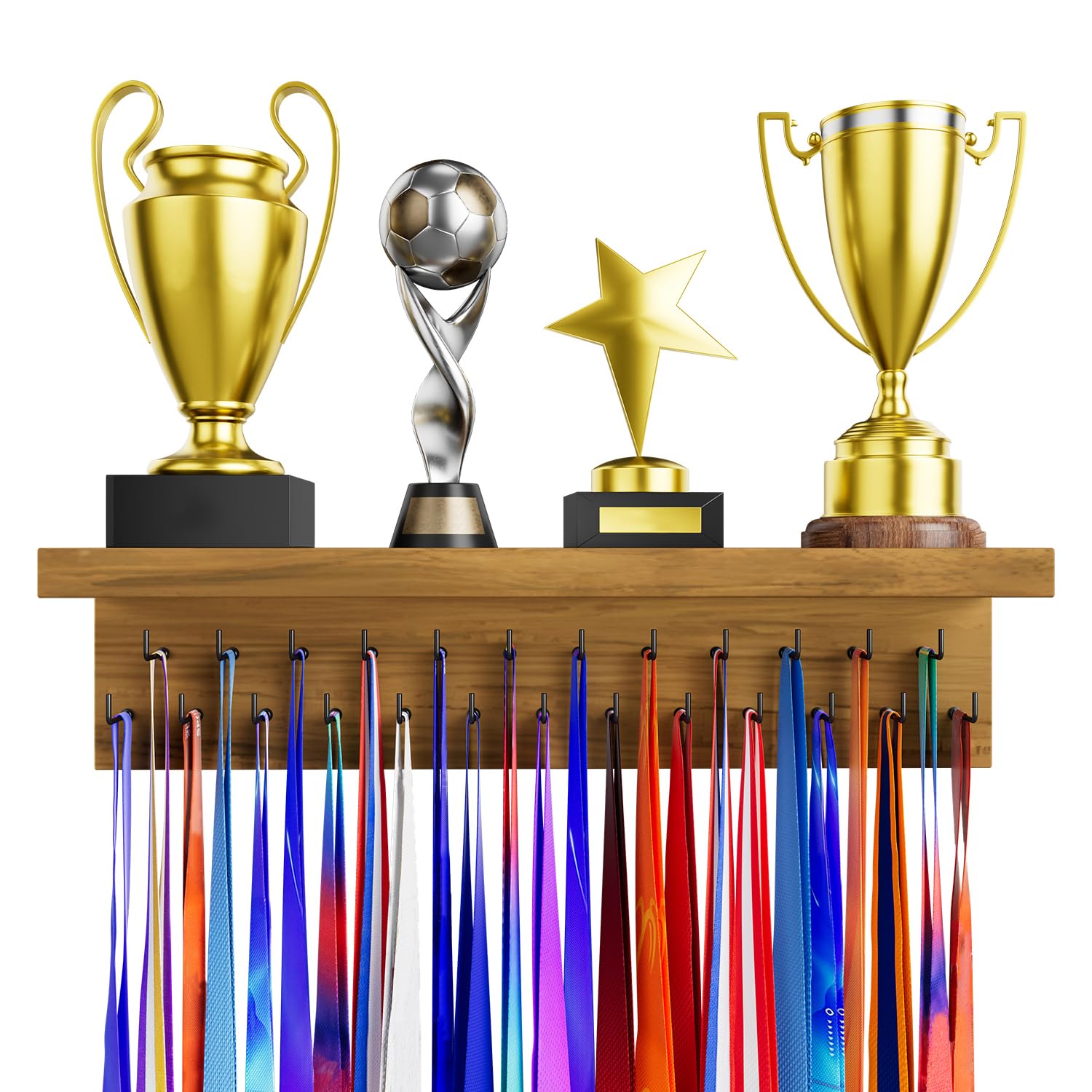 DSVENROLY Medal Holder Display Trophy Shelf Organizer, Sturdy Wooden Race Award Hanger Rack with 25 Steel Hooks, Wall Mount Storage Stand for Sports Fans, Cheer Success, Easy to Install, Brown