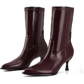 GRACESTRIDE Kitten Heel Ankle Boots for Women Pointed Toe Stacked Stiletto Booties with Side Zipper Mid Calf Short Fashion Dress Boots
