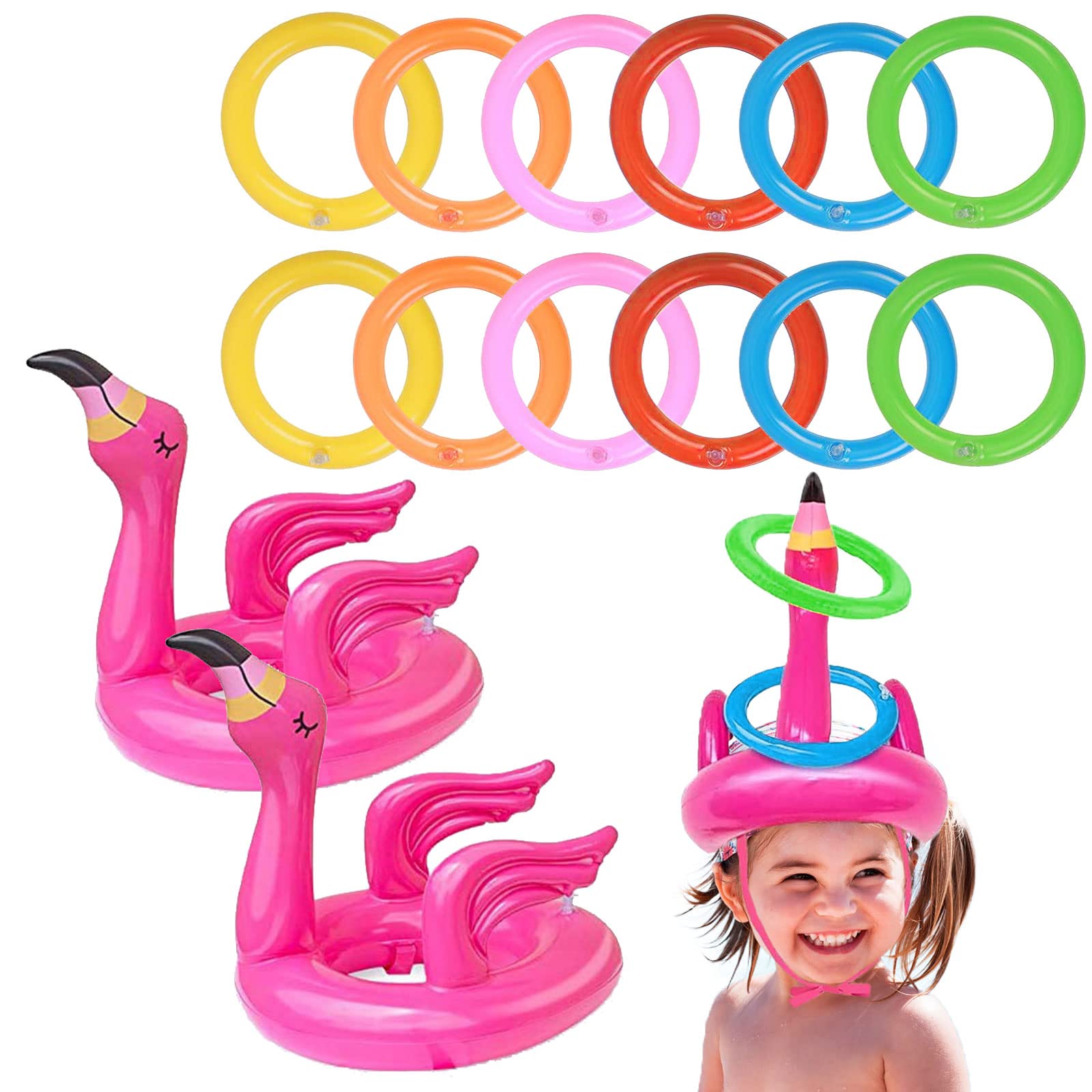 VIKSAUN Inflatable Ring Toss Game - 14 pcs Inflatable Flamingo Hats, Flamingo Game for Kids & Adults, Summer Pool Party Decorations
