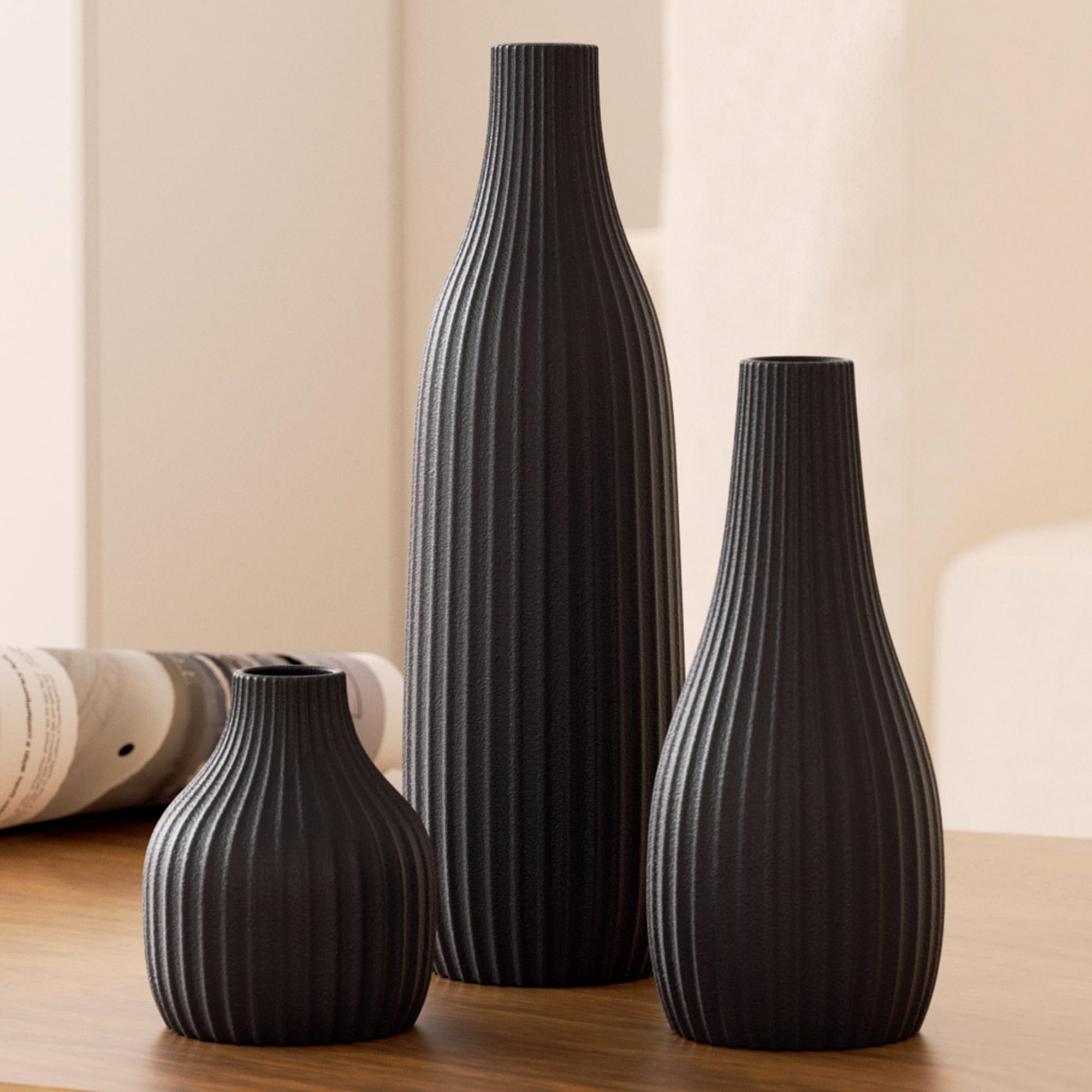 Photo 1 of *USED*
Decorative Flower Vase Set of 3 - Modern Boho Style Black Vases, Ribbed Textures Ceramic Vase for Home Decor Shelf Bookshelf Mantle TV Stand Entryway Console, Dining Table Centerpiece Decor