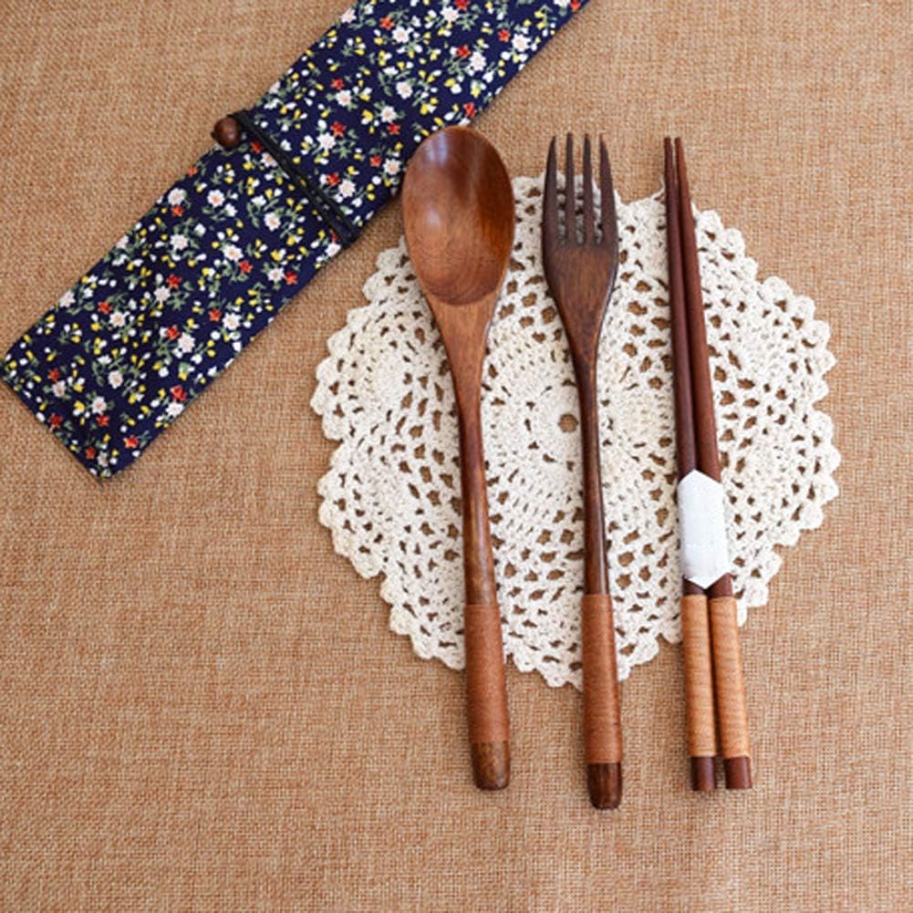 JUHUIZHE Wooden Portable Tableware,3-Piece Set Japanese Style Wooden Tableware Reusable Cutlery Set Great for Camping Lunch Meals