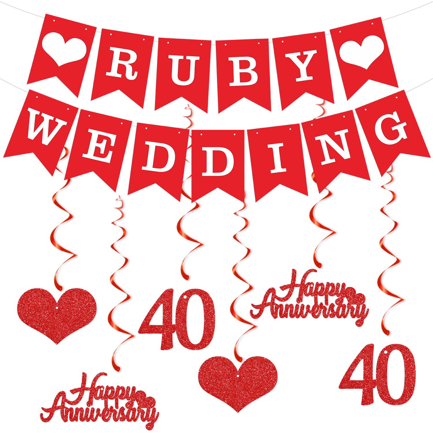 Elicola 40th Anniversary Decorations Ruby Wedding Banner Hanging Swirls Happy 40th Anniversary Bunting Backdrop for Party Decorations