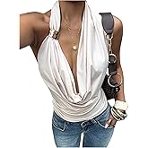 OYOANGLE Women's Plunging Draped Front Halter Tops Metal Buckle Sleeveless Backless Rave Tops