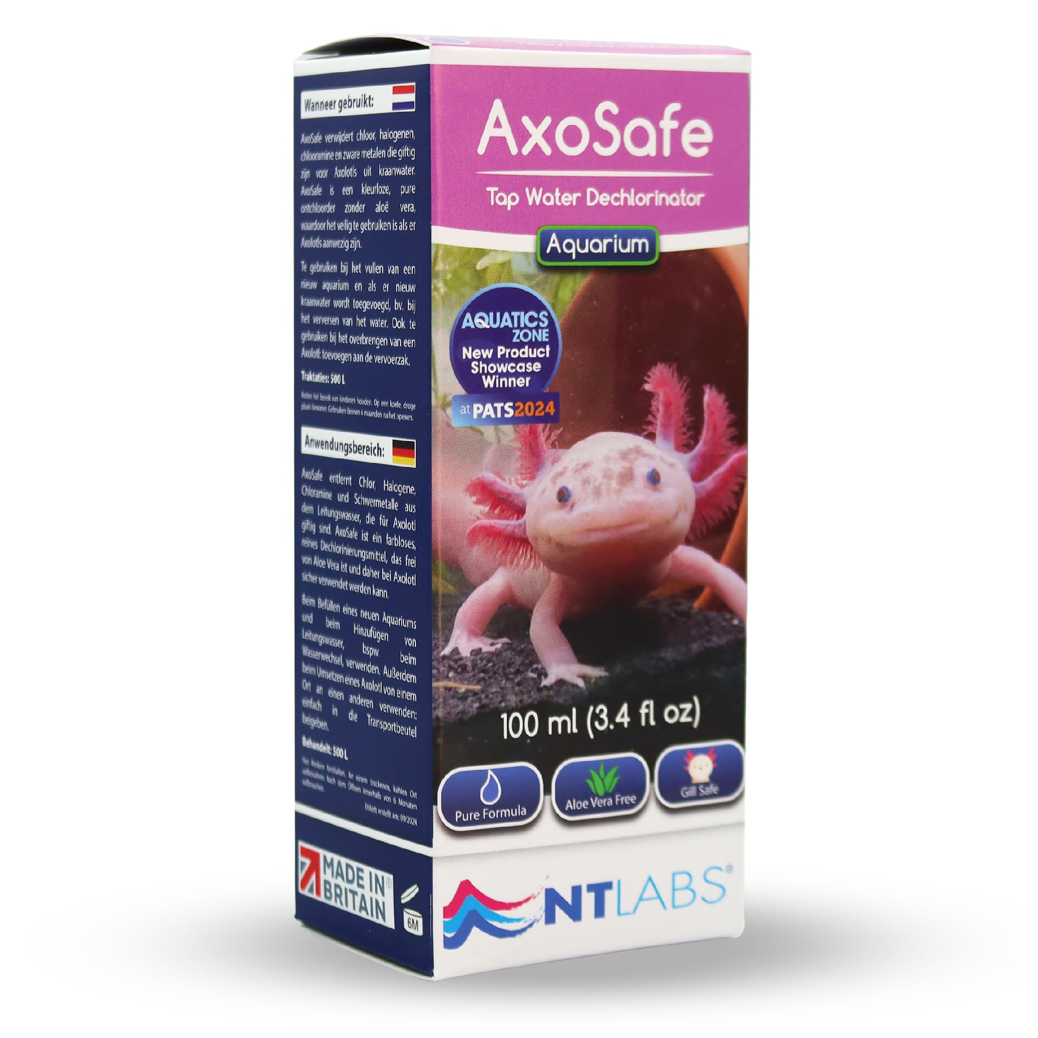 NT Labs AxoSafe For Axolotl Aquariums, Removes Chlorine, Halogens, Chloramine, Free From Aloe Vera, Aquarium Accessories for Axolotls (100ml - Treats 500L)