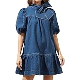 EZAPINE Women Summer Puff Short Sleeve Denim Dress Mock Neck Babydoll Jean Dress with Bow