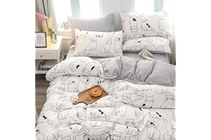 BlueBlue Cats Kids Duvet Cover Set Full Queen, 100% Cotton Bedding for Boys Girls Teens, Cartoon Cats Pattern Print on White, 1 Full Comforter Cover 2 Pillow Shams (Queen, Cute Cat)