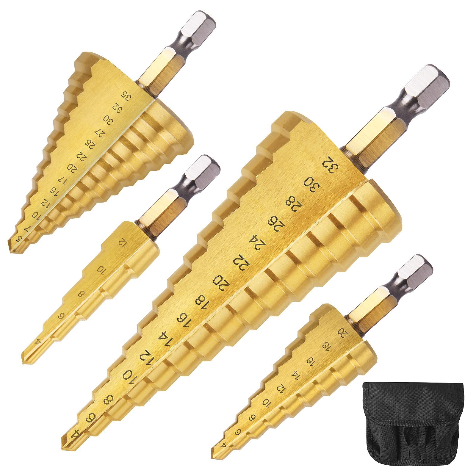 flintronic Step Drill Set with 1 Automatic Center Punch + 1 Twist Drill Bit, 3PCS 4mm to12 20 32mm (5/32" to 5/4") HSS Titanium Coated Double Slot Cone Cutting Drill for Plastic Wood Metal