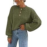 MEROKEETY Women's 2025 Fall Oversized Sweaters Chunky Long Lantern Sleeve Buttoned Mock Neck Winter Knit Loose Pullover Tops