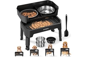 OIYEEFO 4 in 1 Large Elevated Dog Bowls: 4 Adjustable Height Raised Dog Bowl Stand with Mess Proof Design - Slow Feeder Licking Plate with 2 * 53oz Food Bowls