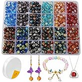 C MY 600pcs 8mm Crackle Glass Beads for Bracelet Jewelry Making Kit with 1 Roll Crystal Elastic Cord, 12 Colors Crystal Glass Beads for DIY Craft Friendship Ankle Necklace Earring Jewelry Making