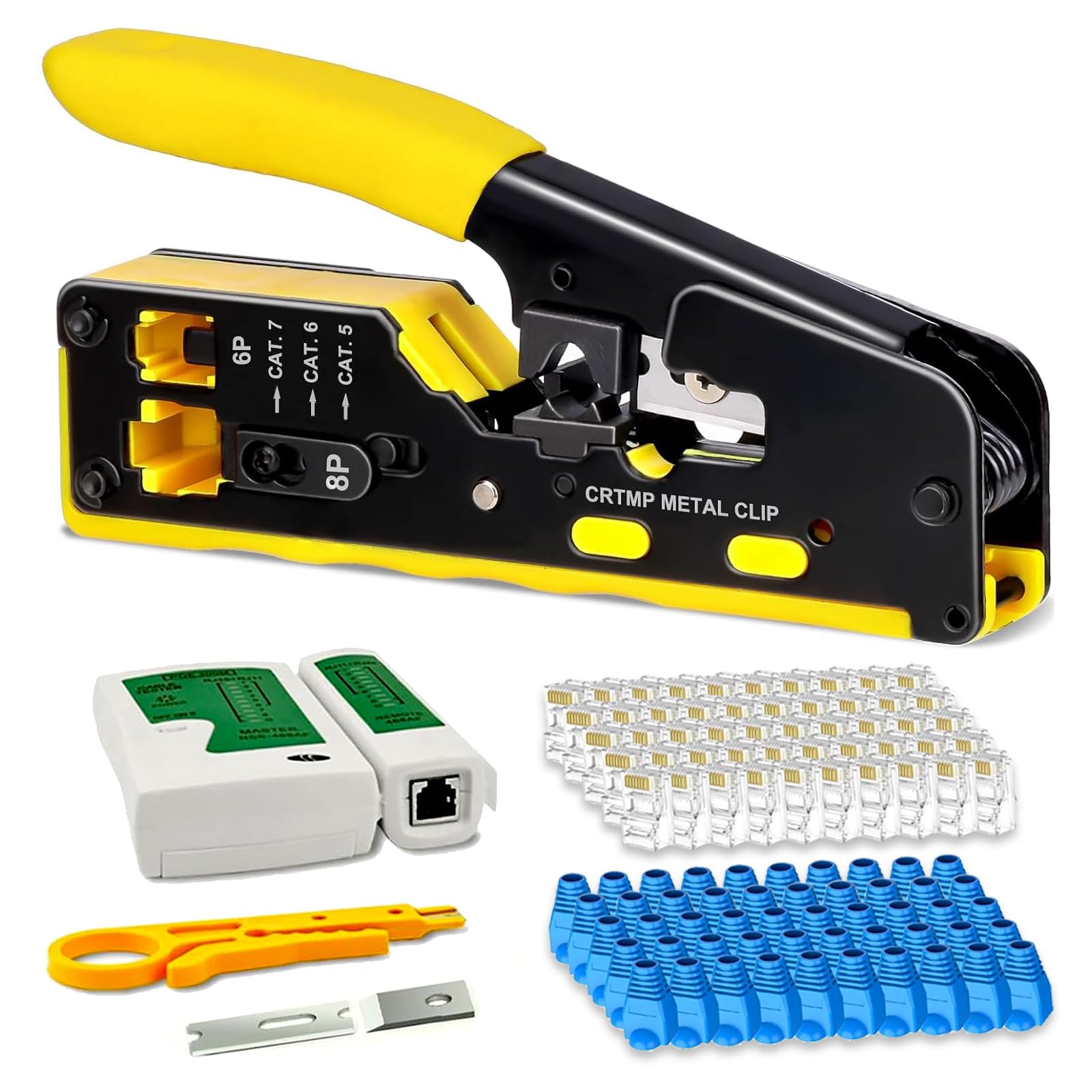 RJ45 Crimp Tool Pass Through Ethernet Crimping Tool for Cat5 Cat6 Cat7 End Pass Through Connector, Support Cutting, Stripping, Cutting, Compatible with RJ45, RJ11, and RJ12