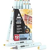 ARTEZA Dual Tip Nylon Brush Pens Set of 12 Earth Tones, EverBlend Watercolor Calligraphy Markers, Water-Based Ink