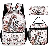 Horse Backpack with Lunch Bag & Pencil Case for Kids Girls Boys School, 16 Inch Cute Horses Theme Bookbag, School Backpack for Students Children, Lightweight, Adjustable