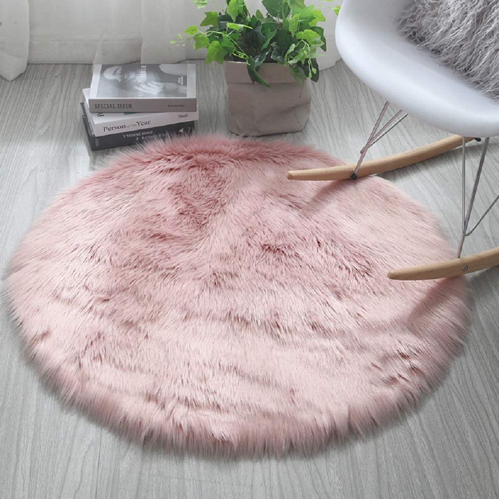 HARESLE Round Shaggy Rugs Faux Fur Rug Soft Bedroom Rugs Woolen Floor Carpet Mats (Pink,80cm/Diam 32 in)