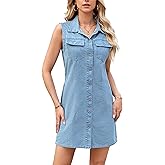 Sexyshine Women's Button Down Denim Dress Summer Casual Sleeveless Lapel Collar Midi Tunic Jean Dress with Pockets