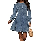 Conshvi Denim Shirt Dress for Women Long Sleeve Crewneck Denim Dresses 2025 Fall Cute A Line Mini Short Jean Dress