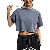 Wyeysyt Womens Cropped T Shirts Vintage Oversized Cotton Tees Short Sleeve Casual Streetwear Washed Basic Tee Tops