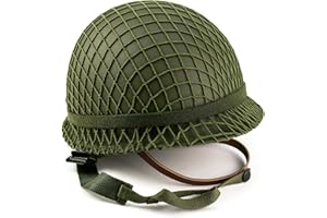 QWORK M1 Green Helmet Replica, Net Cover Steel Helmet, WWII US Army Outdoor Helmet Steel Field with Net Cover Cat Eye Belt