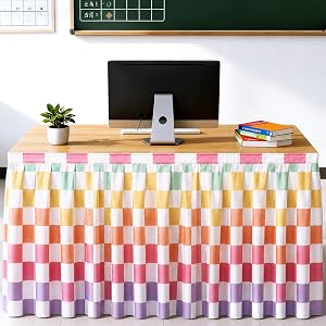 QOUBAI 6ft Colorful Checkered Table Skirt Cloths for Classroom Teacher Desk Colorful Rectangle Table Cover Skirt for Kinderga