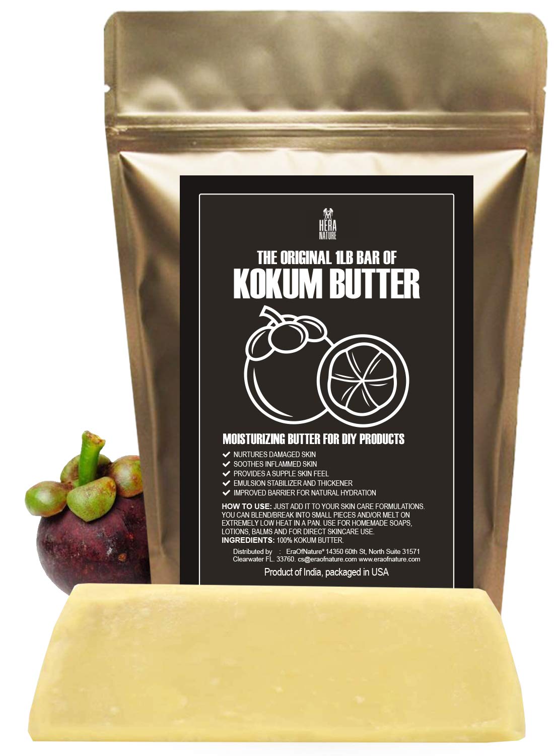 Kokum Butter – Fresh, Firm Butter, Use to Make Lotion Bars, Lip Body Butters, Balm, Soap, Sunscreens - Scent-Free (INDIA) - 16 oz by Hera Nature.