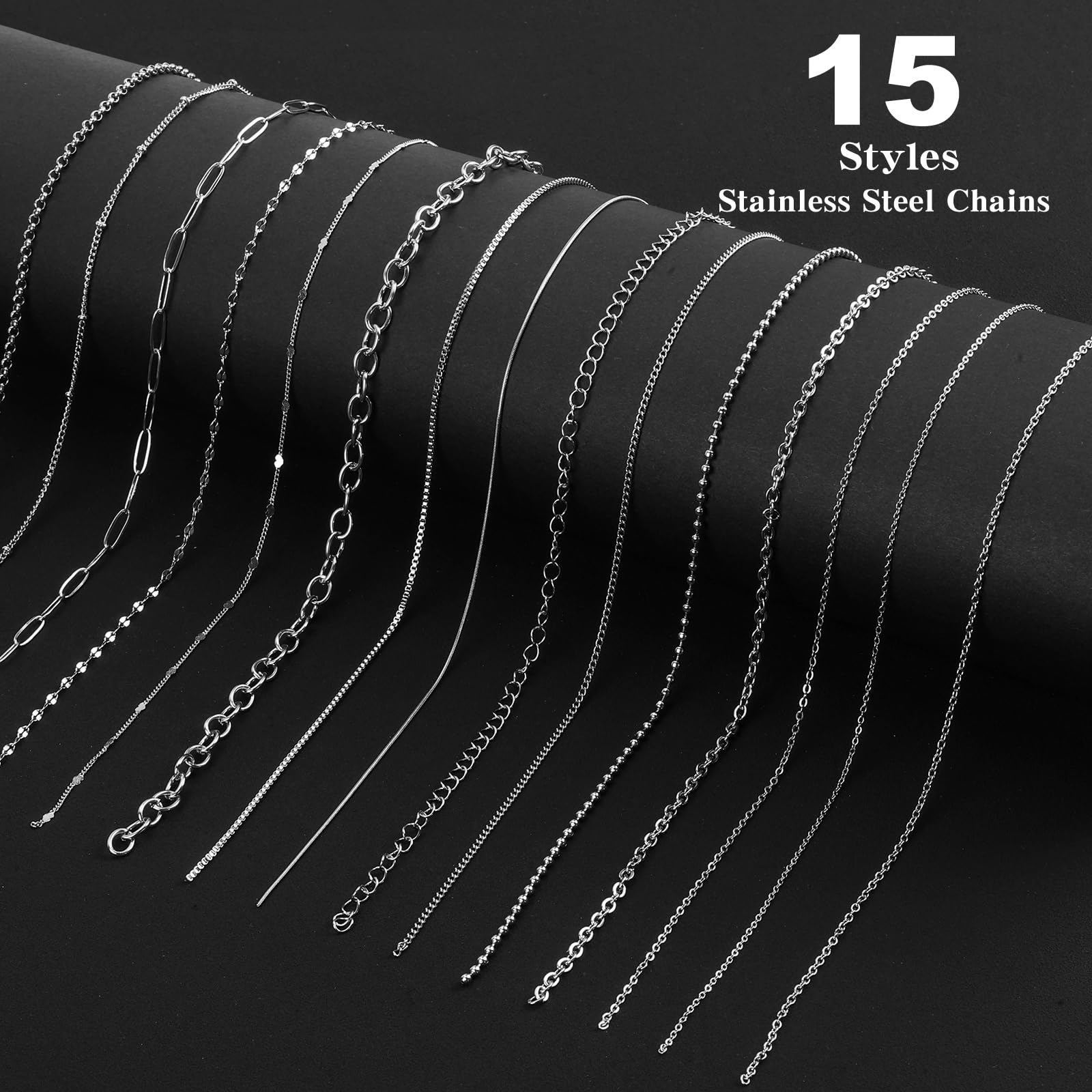 Necklace Chains for Jewelry Making, 111.5 Feet 15 Rolls Stainless Steel Jewelry Chains for DIY Necklace Bracelet Jewelry Making Accessories with Stainless Steel Jump Rings/Lobster Clasps/Connectors