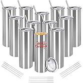 YOUKE OLA 12 Pack Stainless Steel Skinny Tumblers, 20oz Bulk Straight Double Wall Insulated Tumbler with Lid and Straw for Travel, DIY, Silver