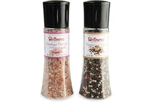 WELLNES PREMIUM NATURAL FOODS Wellness Salt and Pepper Grinder Set, 2-Pack - Adjustable Ceramic Grinders with Black Peppercorns (6oz) & Pink Himalayan Salt (14oz) - Refillable Mills for Fresh Flavor