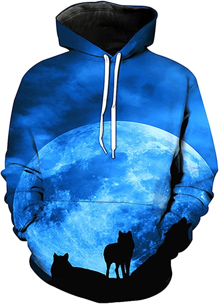 Fashion 3D Hoodies Wolf Hoodie Pullover Graphic Sweatshirts Hooded with Big Pockets and Fleece Plush Lining for Men