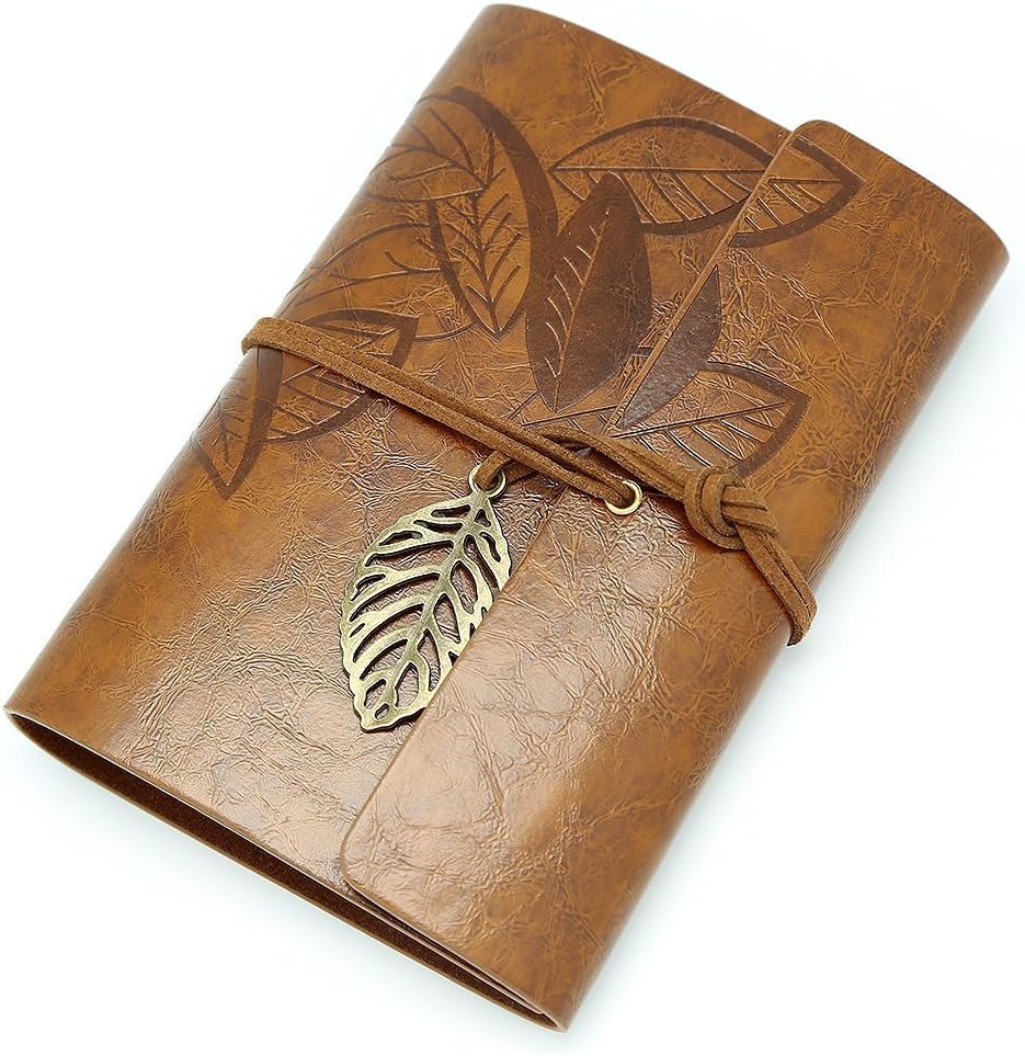 NectaRoy Vintage Retro PU Leather Cover Notebook Journal Diary, Leaf Pattern Spiral Blank String Daily Notepad, Kraft Paper - Image 3