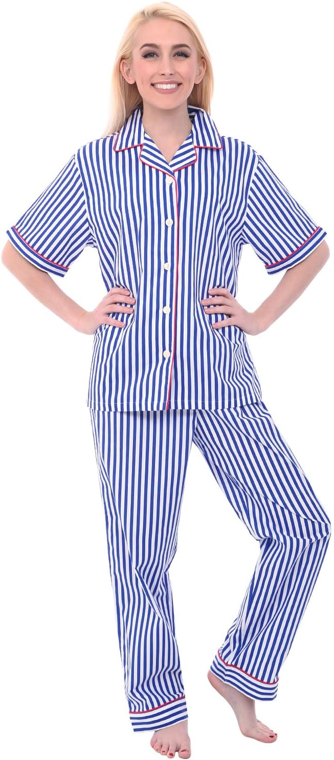 Women's Lightweight Button Down Pajama Set, Short Sleeved Printed Cotton Pjs