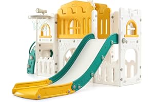 GARVEE Toddler Slide 8 in 1 Toddler Playset for Toddlers Age 1-3, Baby Playset for Indoor Outdoor Playground with Climber, Crawling Tunnel, Basketball Hoop, Telescope, Toy Storage