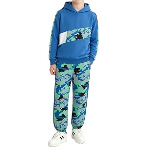 Kuwnrder Boys Clothes Camo Patchwork Long Sleeve Hooded Sweatshirt and Camo Joggers Kids Casual Tracksuit Boys 5-14 Years