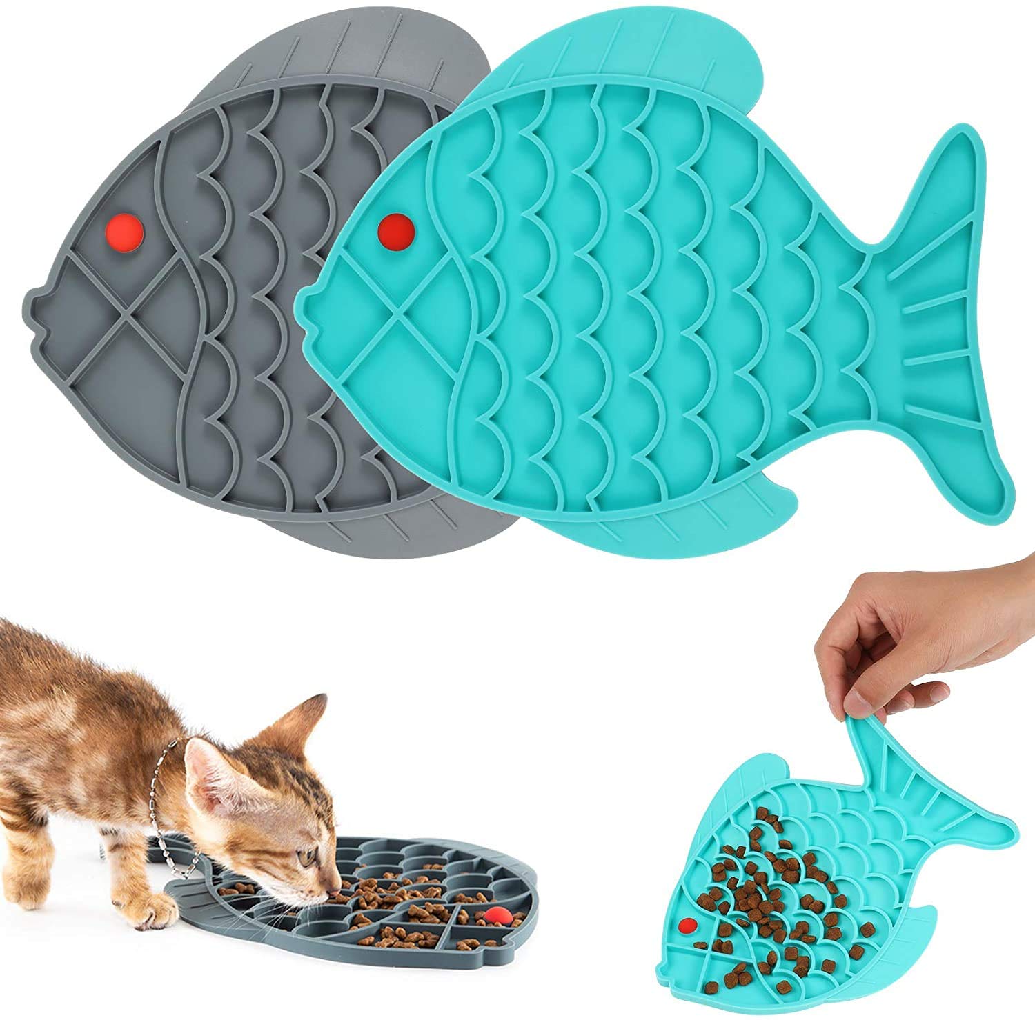 Chutoral 2 Pack Dog Lick Mat Pet Licking Pad Fish-Shaped Cat Slow Feeders Silicone Food Utensils Perfect for Dog Food,Cat Treats,Yogurt or Peanut Butter,for Boredom and Anxiety Reduction(Blue&Grey)