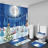 AZHM 4 Pcs Christmas Elk Shower Curtain Set with Rugs for Bathroom | Bathroom Decor Set with Waterproof Curtain, Bath Mat Toilet Lid Cover U-Shape Rug 12 Hooks 71*71 in for Toilet Washroom