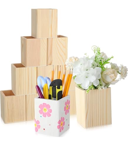 3 Pack Unfinished Wood Pen Holders - DIY Desk Organizer Cups 3x3x3.5 Inches