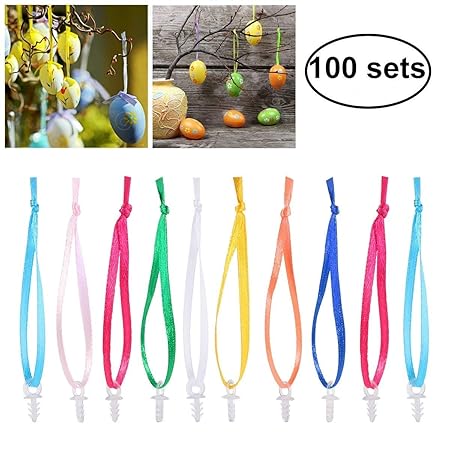 BESTOMZ 100 Stück Aufhänger für Ostereier Kugelaufhänger mit 100 Stück 18cm farbige Bänder