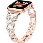 G-ficu Butterfly Band Compatible with Apple Watch Bands 46mm 45mm 44mm 49 42mm(S3) iWatch SE Series 10 9 8 7 6 5 4 3 Ultra, Slim Cute Metal Bands for Women, Fancy Bling Dressy Diamond Strap-Rose Gold