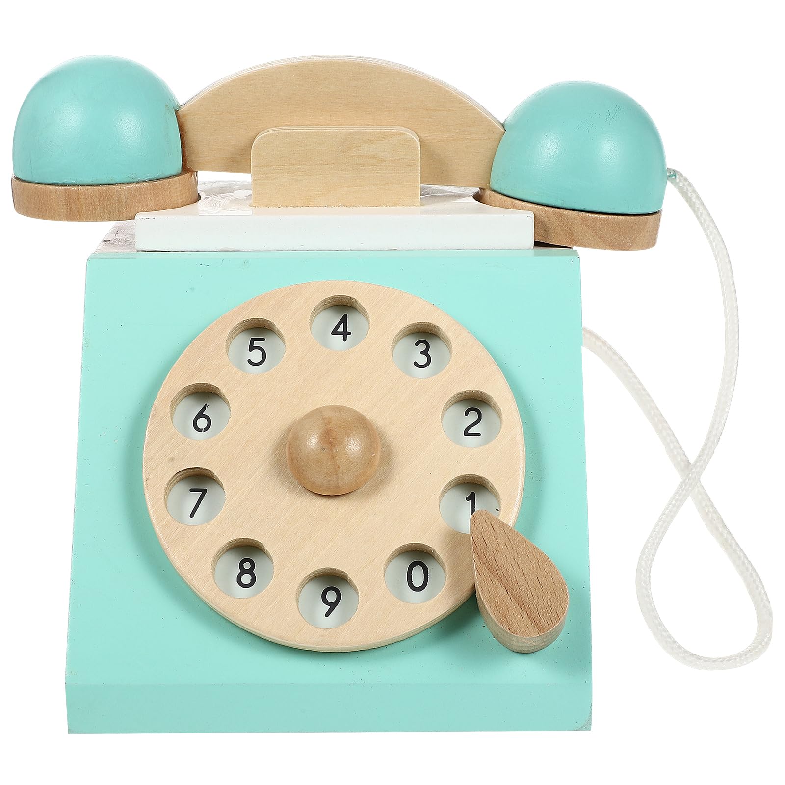 TOYANDONA Wooden Landline Telephone Toy Children Play House Antique Dial Telephone Toy for Toddlers Pretend Phones, Blue, Medium