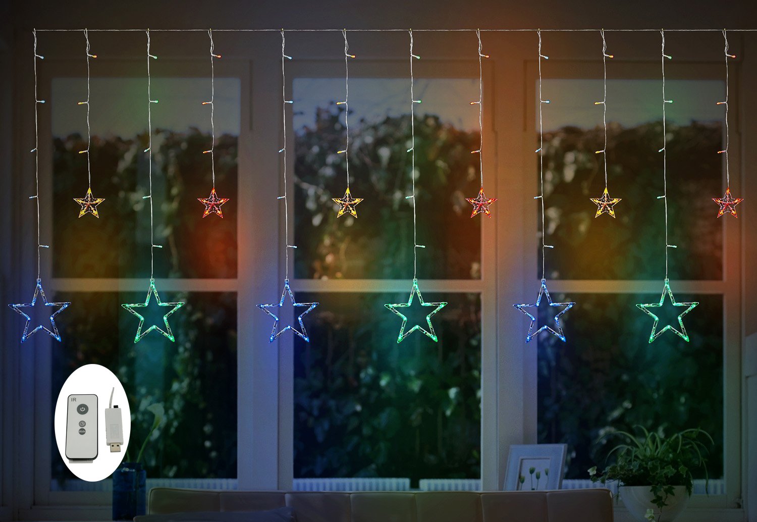 LED Sternenvorhang mit USB-Stecker 138 LED-Lichter Fernbedienung Schaltuhr 8 Modus Weihnachtlicher Lichtervorhang Lichterkette Stern Weihnachtsdekoration Dekolicht (mehrfarbig)