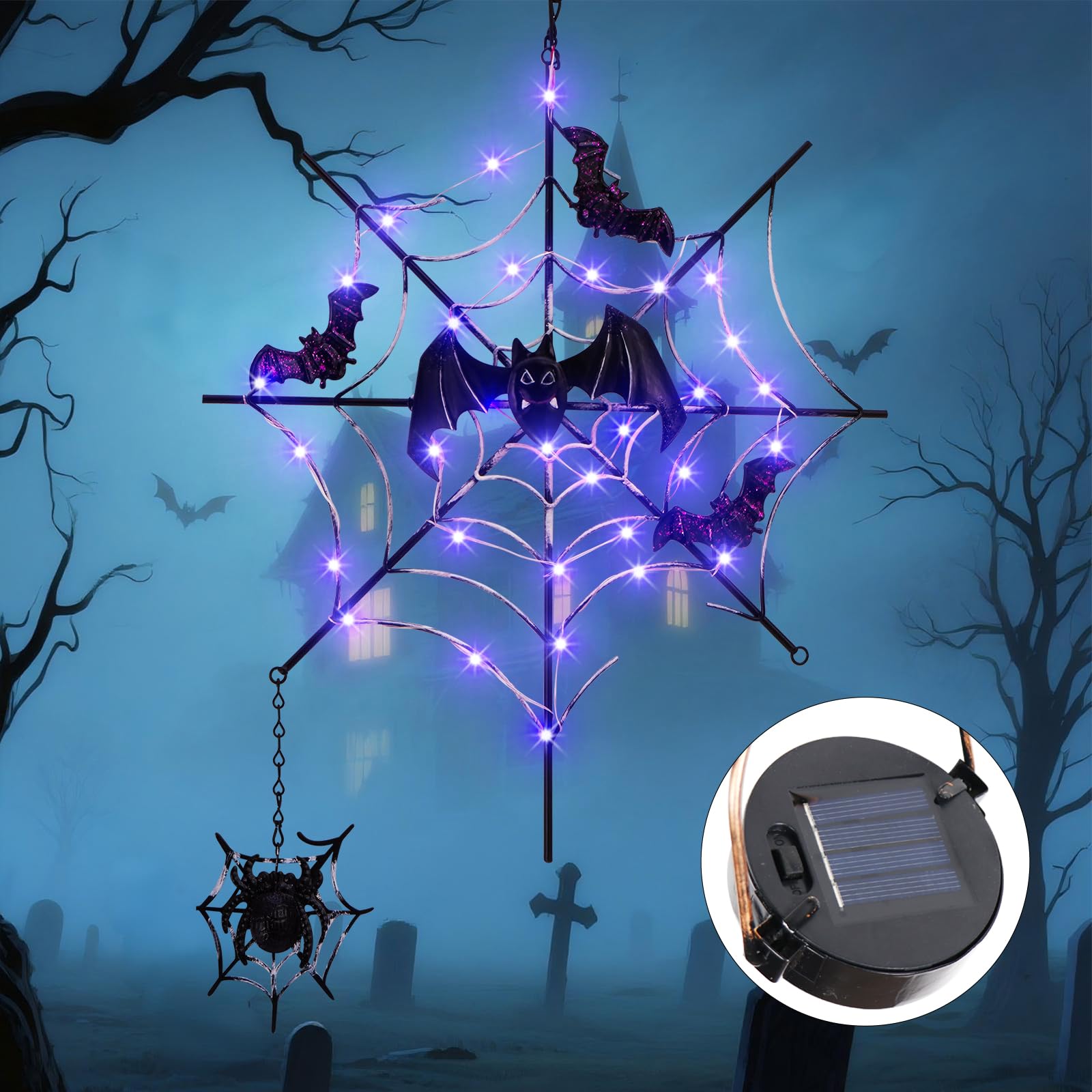 Photo 1 of ILLUMINEW Solar Halloween Metal Hanging Decorations Outdoor, LED Lighted Metal Web with Spider for Halloween Outdoor Tree, Wall, Porch, Patio Decor (Web)