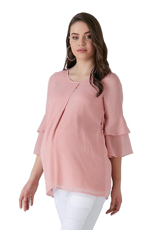 M.M.C. Rosy Chiffon Umstands-Bluse mit weißen Punkten und Volant Ärmel – Schwangerschaftsmode Umstandsmode Freizeitbluse für 