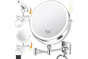 UBYMET 360° Rotation Adjustable 10x Large Wall Mounted Makeup Mirrror, Height Adjustable Lighted Mirror, 8" Double Sided Mirror, 1X/10X Magnifying Bathroom Mirror, Detachable Ring, 3 Color Lights