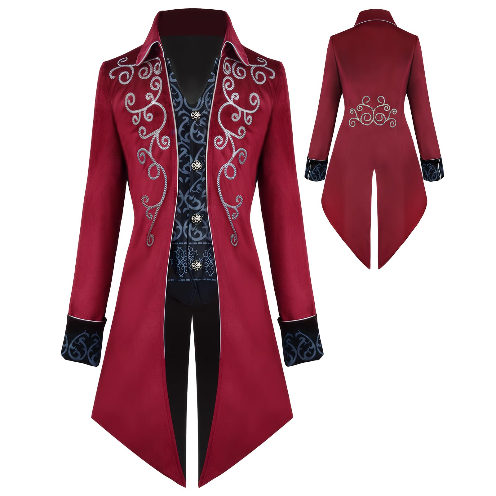 YQVGFBY Men's Steampunk Vintage Tailcoat Jacket Gothic Tailcoat Coat Carnival Costumes,Medieval Clothing Men,Halloween Costume Men (Red, L)