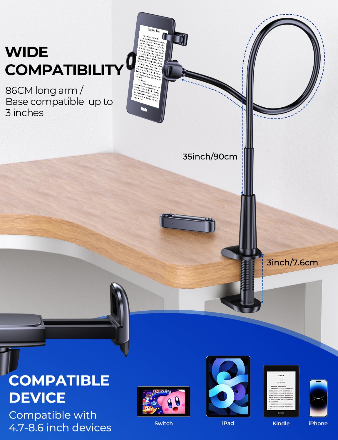 Mumay Gooseneck Holder with Page Turner for Kindle: Adjustable Bed Arm Stand for Hands-Free Reading, Kindle Accessories & Gifts for Book Lovers