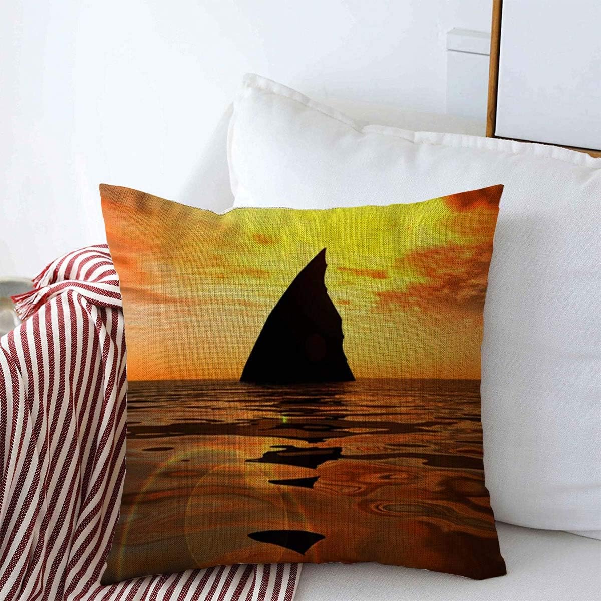 Throw Pillow Covers Sunset This Shark Fin Clip Beach Seaview Atmosphere Cloudy Color Design Reflective Cushion Case Linen Square Pillowcase for Home Decor 16" x 16"