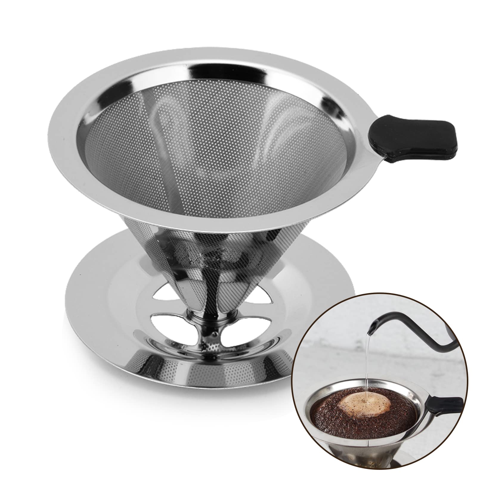 Kerry Coffee Filter, Reusable Stainless Steel Mesh Dripper, Permanent Pour Over Coffee Dripper, Paperless Drip Cone Coffee Filter with Holder Kitchen Tools for Manual Coffee Maker, 1-3 Cups