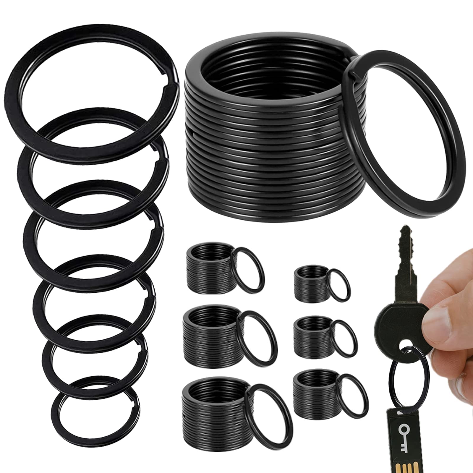 PMELCXD 40-Pack Stainless Steel Flat Key Rings, Split Keychain Rings in 2 Sizes for Home, Car, Office Keys Attachment - Sleek, Durable & Rust-Proof, Black