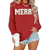 YALUCOR Women Christmas Sweatshirts Merry Christmas Pullover Tops Glitter Chenille Patch Merry Sweatshirt Xmas Gift Tops