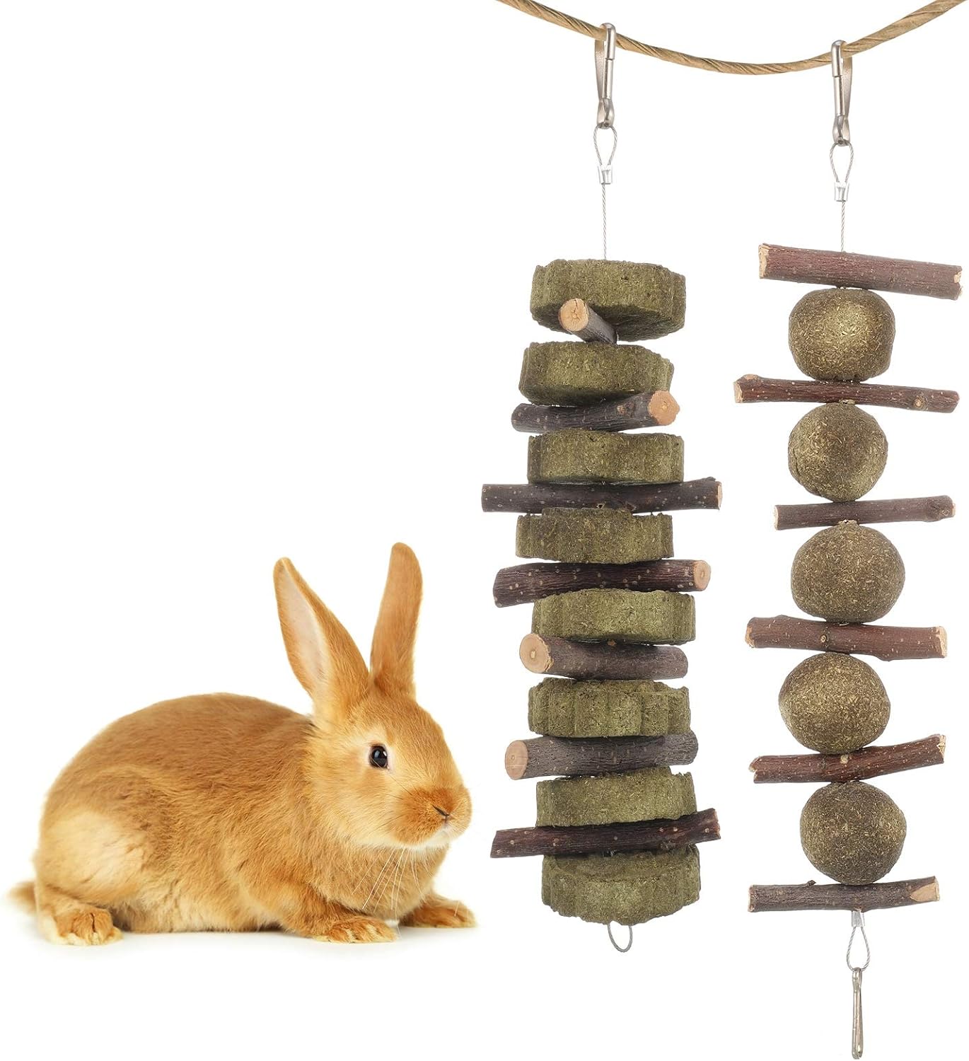 Popuppe Rabbit Chew Toys, 2 Pack Bunny Chew Toys for Teeth, Apple Wood Sticks with Natural Grass